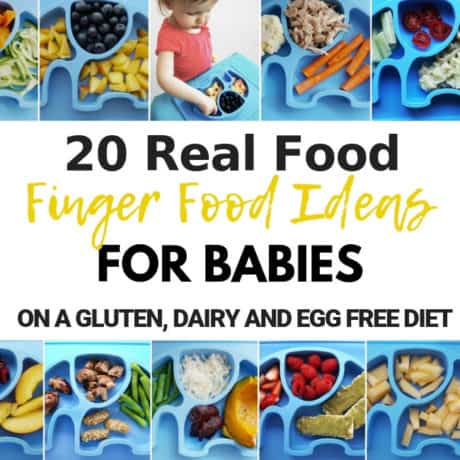 These 20 finger food ideas for babies are healthy allergy friendly (gluten free, dairy free, egg free). Easy and simple baby finger meal ideas that don’t come from a box, suitable for 8 + month old babies including toddlers. Don’t let gluten, dairy and egg intolerance get in the way of your baby’s nutrition.