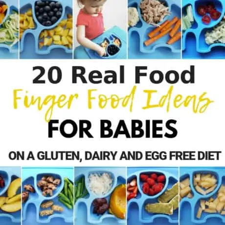 These 20 finger food ideas for babies are healthy allergy friendly (gluten free, dairy free, egg free). Easy and simple baby finger meal ideas that don’t come from a box, suitable for 8 + month old babies including toddlers. Don’t let gluten, dairy and egg intolerance get in the way of your baby’s nutrition.