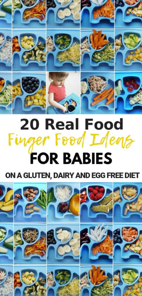 These 20 finger food ideas for babies are healthy allergy friendly (gluten free, dairy free, egg free). Easy and simple baby finger meal ideas that don’t come from a box, suitable for 8 + month old babies including toddlers. Don’t let gluten, dairy and egg intolerance get in the way of your baby’s nutrition.