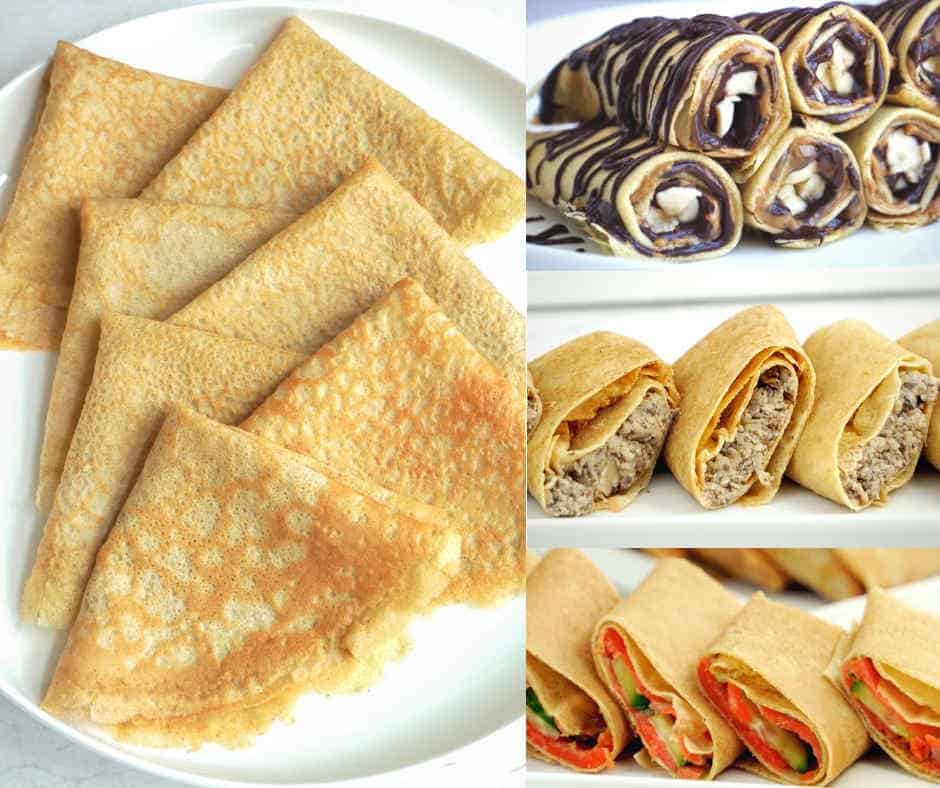 Grain free crepes made with almond flour (almond meal) and banana flour. These low carb crepes are also dairy free, gluten free and paleo