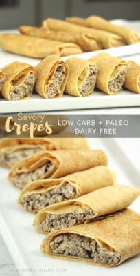 Easy low carb savory crepes (paleo, dairy free, gluten free) with chicken and mushroom filling. This savory low carb crepe recipe is perfect if you have some leftover chicken and mushrooms in your fridge, it makes a great appetizer, snack, lunch or dinner.