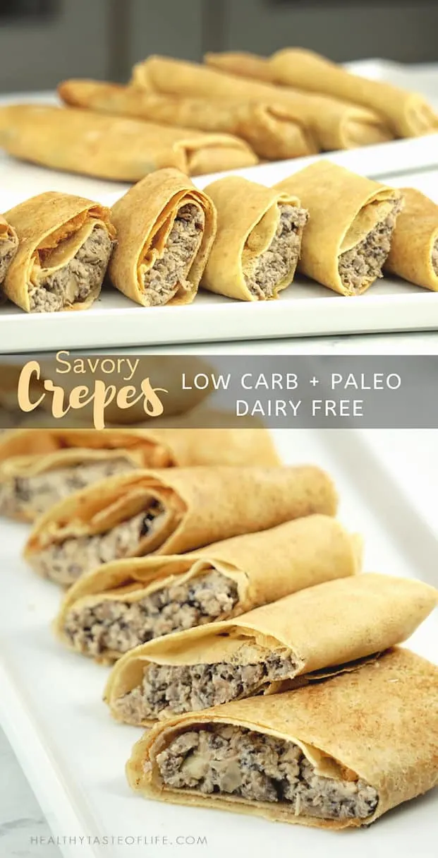 Easy low carb savory crepes (paleo, dairy free, gluten free) with chicken and mushroom filling. 