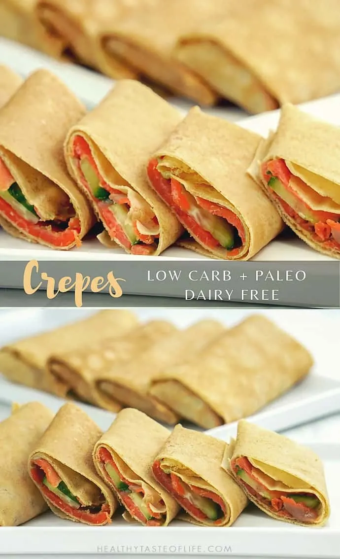 Easy low carb savory crepes (paleo, grain free, dairy free) with smoked salmon filling. These low carb crepes are great served for breakfast, lunch, dinner or as a snack.