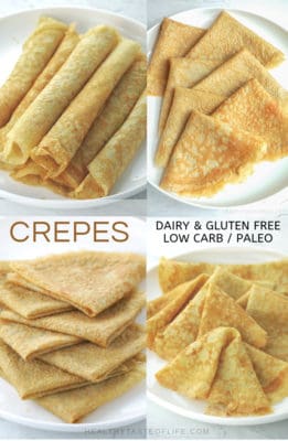 Easy low carb crepes that are also dairy free, gluten free, grain free and paleo compliant. These low carb crepes come with 3 different sweet & savory low carb filling ideas, perfect for breakfast, lunch, dinner, or dessert.