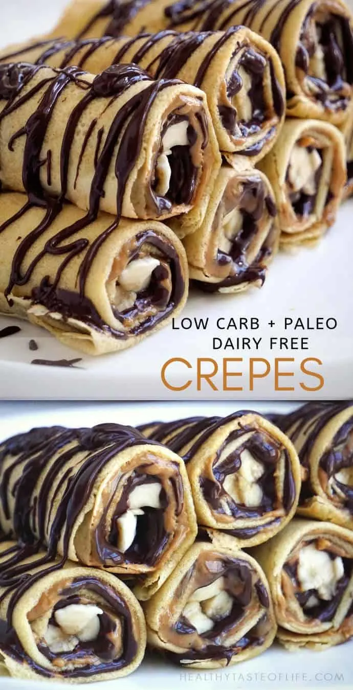 These paleo low carb crepes are grain free, dairy free, sweetened with delicious chocolate and nut butter filling.