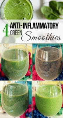 Wondering how to make an anti-inflammatory green smoothie for breakfast? Here are four easy and nutritious anti-inflammatory green smoothie recipes – all dairy free, vegan and low sugar. They have simple and healthy ingredients like fruits, green veggies, ginger, chia seeds, flax seeds and hemp seeds. Great for reducing inflammation, for weight loss and even for kids!
