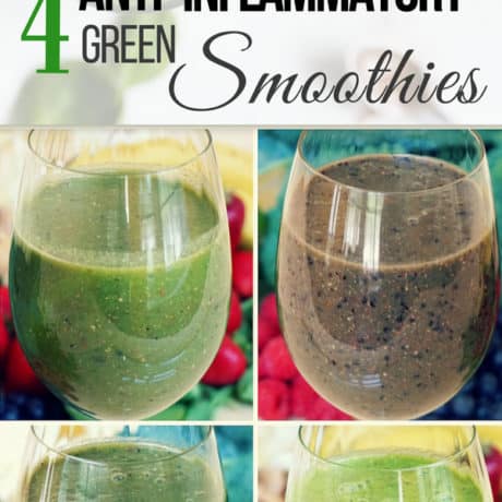 Wondering how to make an anti-inflammatory green smoothie for breakfast? Here are four easy and nutritious anti-inflammatory green smoothie recipes – all dairy free, vegan and low sugar. They have simple and healthy ingredients like fruits, green veggies, ginger, chia seeds, flax seeds and hemp seeds. Great for reducing inflammation, for weight loss and even for kids!