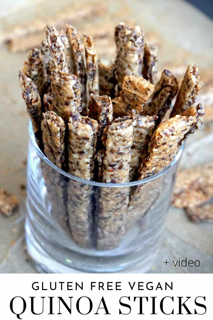 A healthy savory snack great for a crowd or kids – gluten free, vegan quinoa breadsticks recipe - made with cooked quinoa and a variety of whole seeds and nuts. Crunchy, vegan, gluten free healthy snack recipe that is easy and quick to make. A perfect healthy snack - on the go for road trips, for work or for kids lunch box, can be made ahead, no refrigeration required.