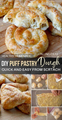 Learn how to make an easy quick homemade puff pastry dough from scratch (aka rough puff pastry) with step by step instructions in a video. It’s a healthier alternative than store bought puff pastry dough – easy to make ahead and freeze it. This homemade puff pastry dough recipe can be used for delicious desserts, appetizers, breakfast, brunch and tasty meals. Check out how to make this DIY homemade puff pastry from scratch. #puffpastry #quick #homemade #diy #easy #roughpuffpastry #healthy