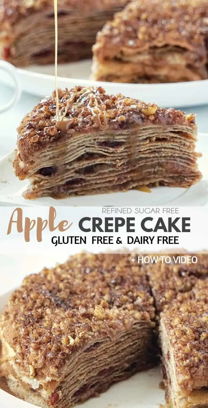 Healthy Apple Crepe Cake – a gluten free, dairy free and refined sugar free dessert with a sweet-spicy flavor of cinnamon. This apple crepe cake recipe consists of 15 layers of thin gluten free and dairy free crepes separated with flavorful cooked apples - all served with a drizzle of dairy free caramel. Basically layered apple crepes + caramel sauce.