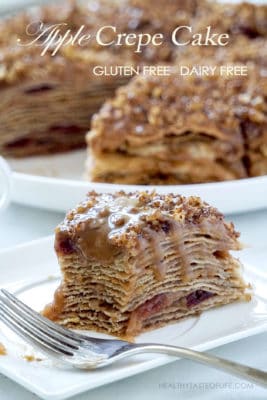 Healthy Apple Crepe Cake – a gluten free, dairy free and refined sugar free dessert with cinnamon and naturally sweetened with honey. This apple crepe cake recipe consists of 15 layers of thin gluten free and dairy free crepes separated with flavorful cooked apples and served with a drizzle of dairy free caramel.