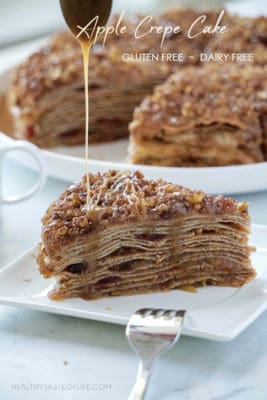 This healthy apple crepe cake is a gluten and dairy free dessert perfect for any special occasions. Thin gluten free crepes layers filled with apple cinnamon filling and topped with walnuts and a delicious dairy free caramel sauce.