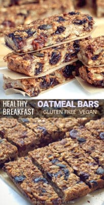 Healthy oatmeal breakfast bars (gluten free, vegan) recipe made by using a mixture of gluten free rolled oats and dried fruits. Soft and chewy – no chocolate and no sugar added. Great for a to-go breakfast or healthy snack, kids will love them too. This healthy oatmeal breakfast bars are perfect for your clean eating and vegan diet.