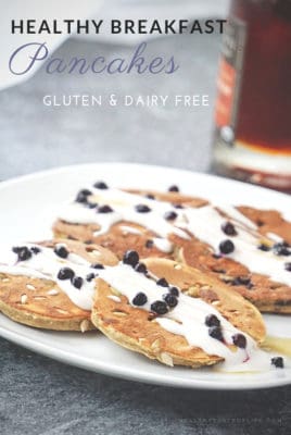 Healthy gluten free banana pancake recipe packed with fruit and seeds - a tasty nutritious breakfast completely gluten free, dairy free, refined sugar free and no baking powder. These gluten free pancakes are fluffy, delicious and easy to make!