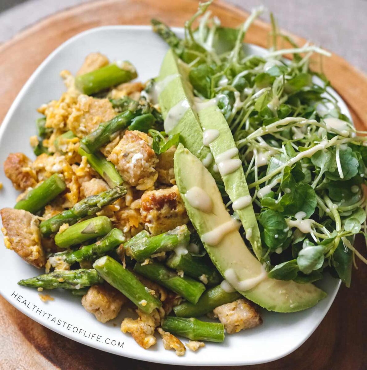 My gluten free dairy free quick balanced breakfast plate - how it looks and it's composition with pritein carbs, fiber and healthy fats + nutrients