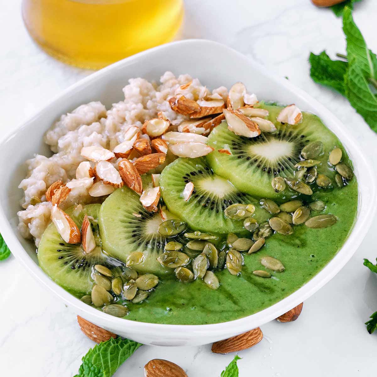 kiwi green smoothie oatmeal breakfast bowl