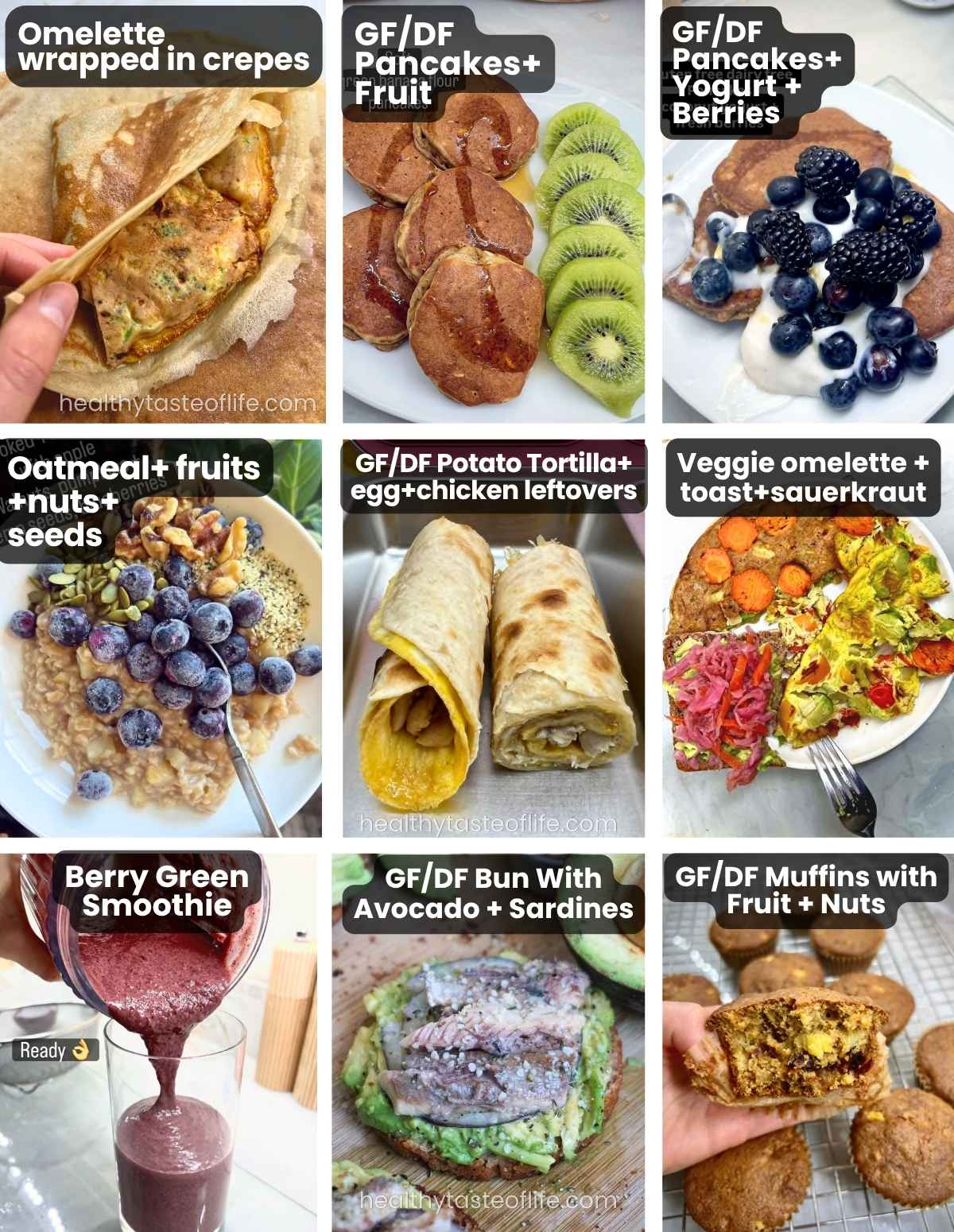 Real life gluten free dairy free breakfasts that I consume as a health coach (photo collage)