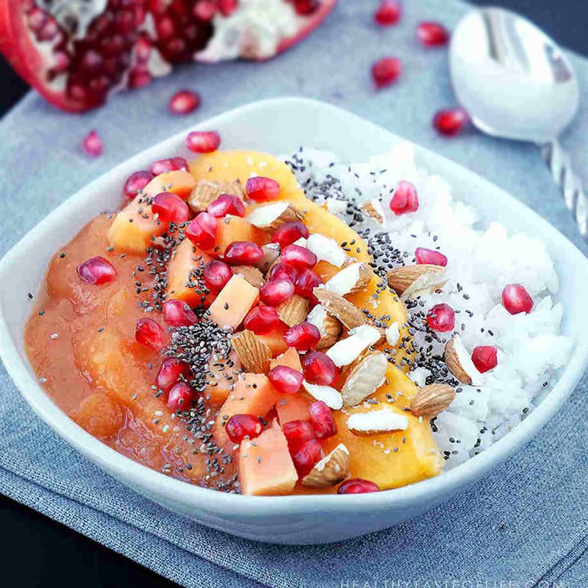 Papaya + Persimmon Rice Bowl (leftover rice) as vegan gluten free breakfast 
