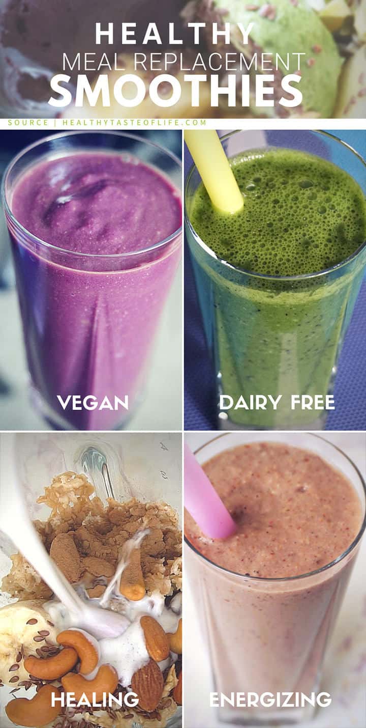 These healthy meal replacement smoothies (Dairy Free, Vegan, Gluten Free) are energizing and healing, also pretty simple and easy to make. Filling vegan meal replacement smoothies recipes for breakfast or to be enjoyed as a snack. Great for weight loss too!