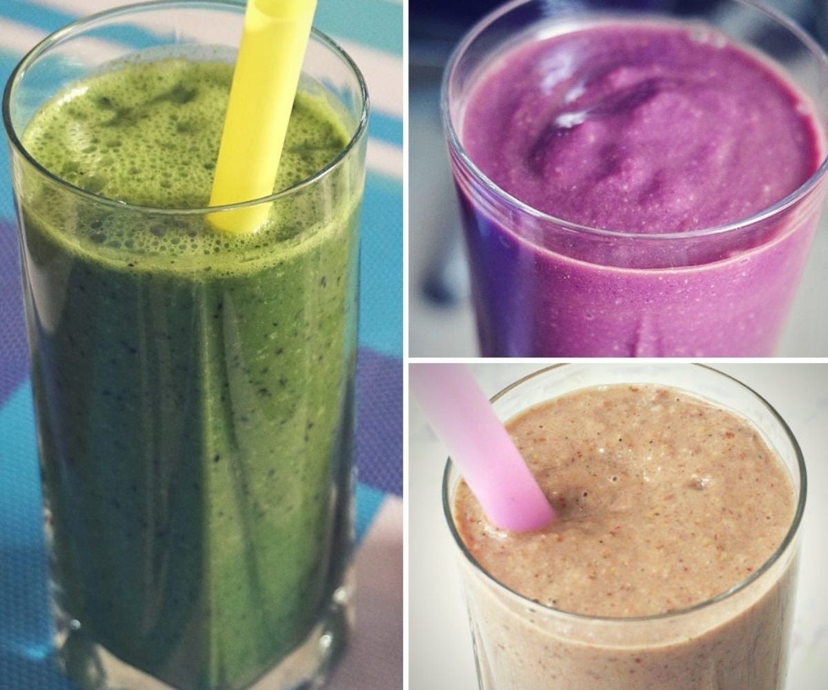 Three vegan meal replacement smoothie recipes made with whole-food ingredients and no protein powder.
