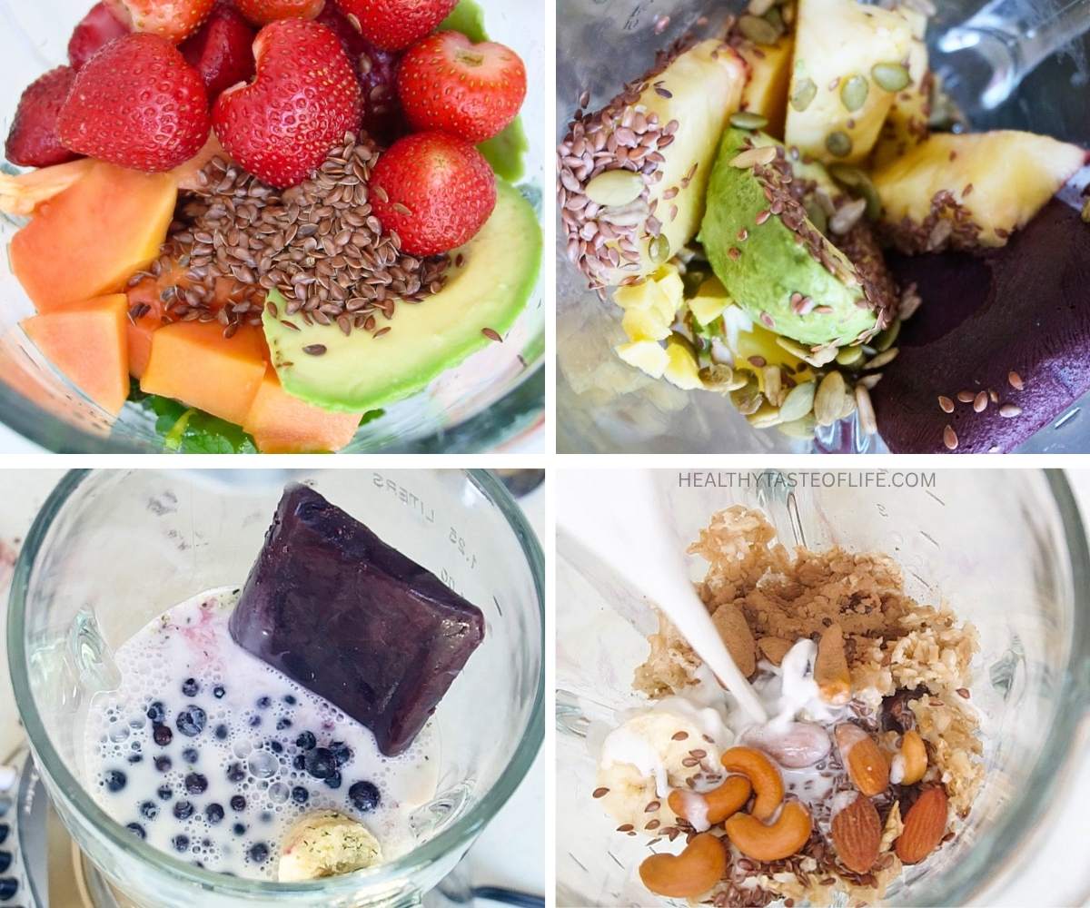 3 versions of vegan smoothie ingredients in a blender with fruit, greens, seeds, oats, nuts, avocado, frozen fruit and plant milk.