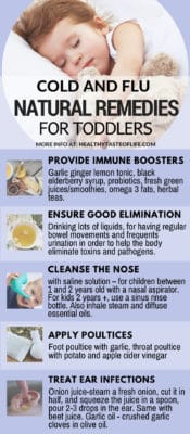 Looking for natural remedies for cold and flu for toddlers, older kids and even adults? Check out these effective, natural treatments for sore throat, cough, fever, ear infection, nasal congestion and runny nose, to help you and your children survive cold and flu season without side effects! These natural home remedies and tips will help boost their immune system and get back their health fast.