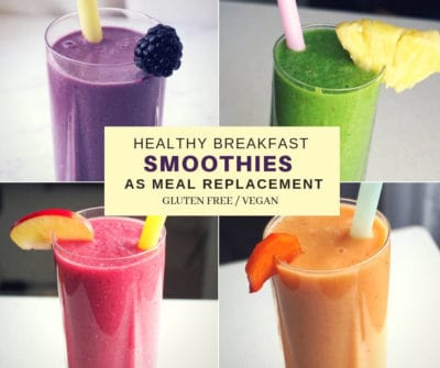 Healthy breakfast meal replacements smoothie recipes - dairy free, gluten free, vegan - made with alkalizing ingredients, healthy fats, plant-based proteins and vibrant fruits. These healthy meal replacement smoothies are a perfect quick way to get more nutrients in the morning, they are filling and great for adults and kids as well. Learn how to make these smoothies with a how-to-video.