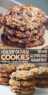 Healthy Gluten Free Vegan Oatmeal Cookies: a recipe made 4 ways with simple clean eating ingredients with the ability to customize it. These healthy gluten free oatmeal cookies are easy and quick to make perfect for a healthy snack or breakfast. You can make them chewy or crunchy, with chocolate chips, with seeds and nuts or with dried fruits – all gluten free, dairy free, soy free, vegan, egg free and refined sugar free.