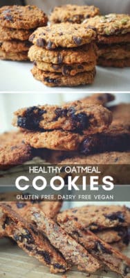 Healthy Gluten Free Vegan Oatmeal Cookies: a recipe made 4 ways with simple clean eating ingredients with the ability to customize it. These healthy gluten free oatmeal cookies are easy and quick to make. They are chewy and crunchy, with chocolate chips, with seeds and nuts or with dried fruits – all gluten free, dairy free, soy free, vegan, egg free and refined sugar free.
