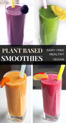Healthy dairy free plant based smoothie recipes - dairy free, gluten free, vegan - made with alkalizing ingredients, healthy fats, plant-based proteins and vibrant fruits. These healthy non-dairy smoothies are a perfect quick way to get more nutrients in the morning, they are filling and great for adults and kids as well. Learn how to make these dairy free smoothies with a how-to-video. #dairyfreesmoothies #nondairysmoothies #plantbasedsmoothies