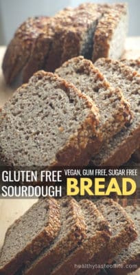 Homemade gluten free sourdough bread recipe made without xanthan gum. Learn how to make this healthy gluten free bread with whole grain gluten free flours and a brown rice based sourdough starter. This recipe has no yeast, no gums, no eggs, no dairy, no oil, its vegan and perfect for your clean eating diet. How to video included.