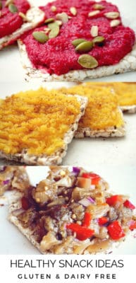 Healthy simple gluten free, dairy free snack ideas. These clean eating savory snacks are perfect for health conscious people, easy to make and great for adults and even kids, all you need is some rice crackers and vegetables. All these healthy homemade snacks are allergy-friendly, gluten free, dairy free and suitable even for vegan eaters!