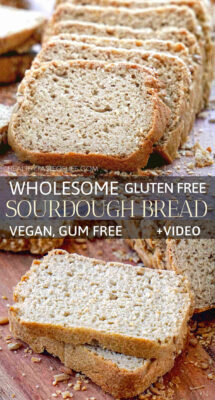 Vegan gluten free sourdough bread recipe made with whole grain sprouted gluten free flours, gluten free sourdough starter based that doesn’t require kneading shaping or a Dutch oven. This easy gluten free vegan sourdough bread recipe has, no xanthan gum, no eggs, no dairy, no oil, no high starch flours, no sugar and no yeast. The best gluten free healthy bread recipe perfect for a clean eating diet. #glutenfreesourdoughbread #veganglutenfreebread #healthyglutenfreebread #glutenfreeeggfreebread