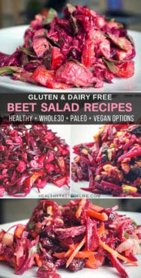 Healthy Beet Salad Recipes + dressings (whole30, vegan, paleo, gluten free, dairy free, keto, clean eating). Simple, easy to make healthy beet salad recipes that can be made with fresh/raw or roasted beets. Enjoy a healthy beet salad (shredded, spiralized or julienned) - served cold during summer, as lunch, side dish or dinner.