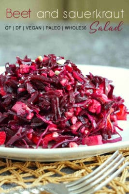 Healthy roasted beet salad recipe made with red sauerkraut. An easy gluten free, dairy free recipe served cold as a side dish suitable for clean eating, whole 30, paleo and vegan diets.