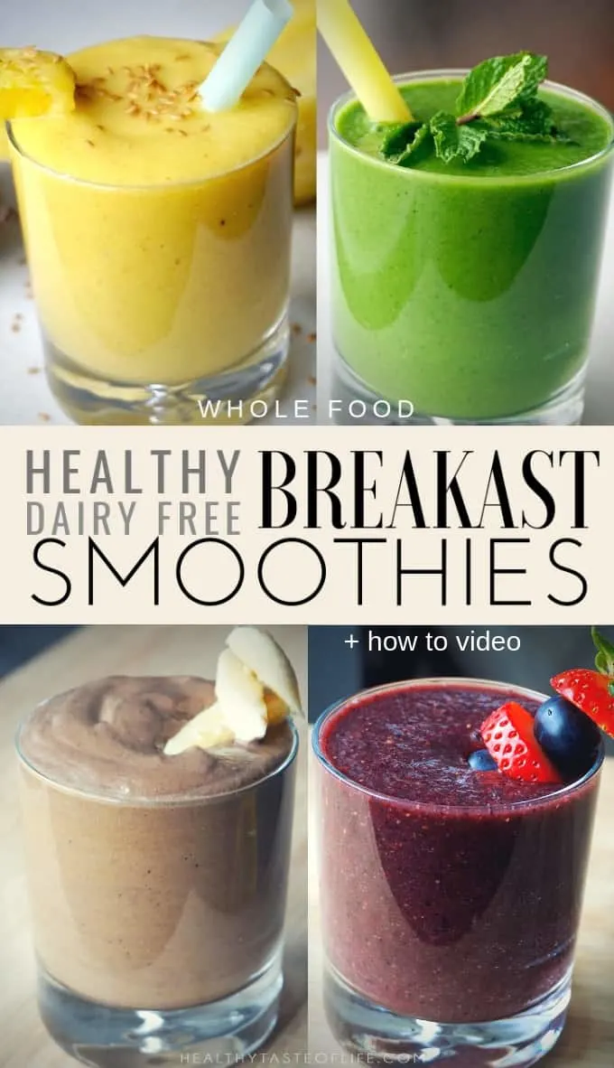 4 Healthy dairy free or non dairy  smoothie recipes made with anti-inflammatory whole foods – a great way to start clean eating in the morning, to boost your energy and even to loose weight. These dairy free breakfast smoothies are also suitable for a vegan diet and for those who are looking for a healthy meal replacement in the morning: 1. Pineapple & Mango Smoothie 2. Minty Peach Smoothie 3. Berry Peach Smoothie 4. Coffee Carob Smoothie