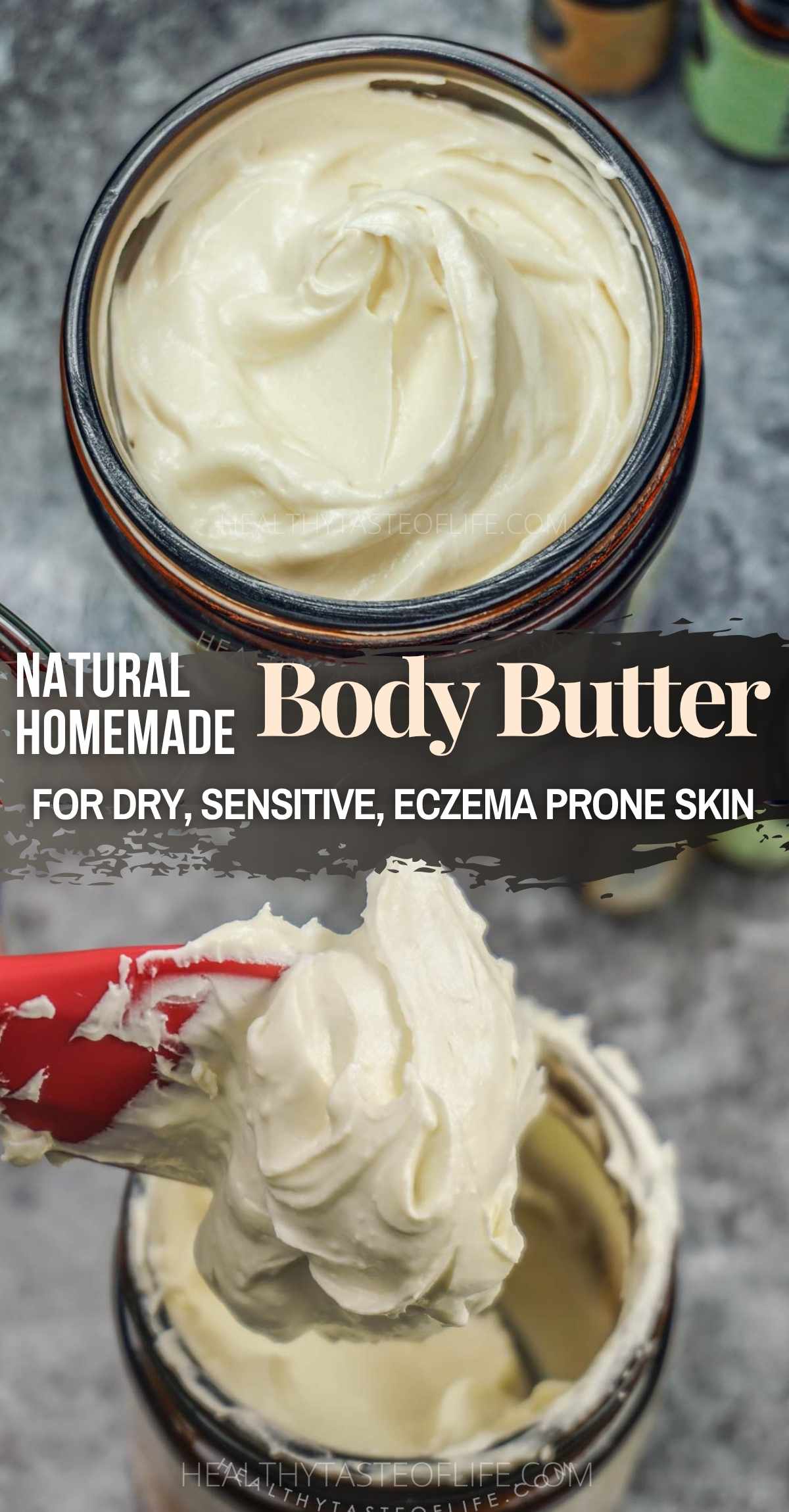 Make this easy whipped body butter recipe for dry, sensitive, and eczema-prone skin with mango butter, hemp-based CBD oil, and oat kernel oil. This natural DIY body butter is rich, fluffy, and deeply moisturizing without coconut oil or shea butter. Use plain hemp oil instead of CBD, and leave out the optional essential oils for a fragrance-free version. Includes tips for preventing grainy body butter and alternative oils for dry skin.