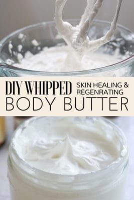 Learn how to make natural homemade whipped body butter with moisturizing, healing and regenerative properties - perfect for dry inflamed skin conditions like eczema, stretch marks or just as a day cream. This DIY whipped body butter recipe is made with mango butter and a blend of anti-inflammatory carrier and essential oils.