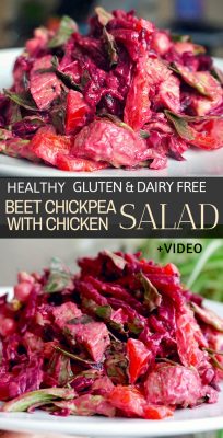 Creamy beet chickpea salad recipe + dressing. This beet chickpea salad is made cooked beet, chopped chicken leftovers, cooked chickpeas, bell peppers, baby greens and a healthy creamy homemade dressing with avocado. A chickpea beet and chicken salad that can be enjoyed as a side dish or as an entire meal.
