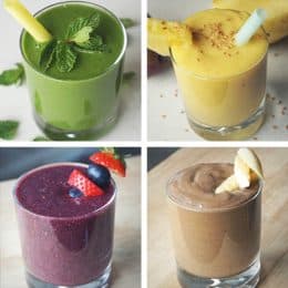 4 Healthy Dairy free / Vegan Breakfast Smoothie Recipes made with anti-inflammatory whole foods – a great way to start clean eating in the morning, to boost your energy and even to loose weight.