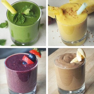 4 Healthy Dairy free / Vegan Breakfast Smoothie Recipes made with anti-inflammatory whole foods – a great way to start clean eating in the morning, to boost your energy and even to loose weight.