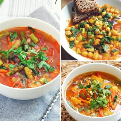 3 Hearty, healthy gluten free / dairy free vegetable soup recipes made with fresh nourishing veggies, herbs and warming spices. These healthy gluten free meatless vegetable soup recipes are simple to customize, suitable for vegan, whole 30, paleo, vegetarian and clean eating diets.