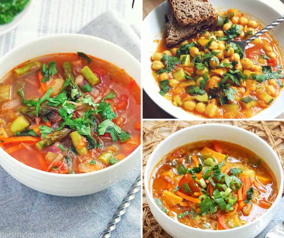 3 Hearty, healthy gluten free / dairy free vegetable soup recipes made with fresh nourishing veggies, herbs and warming spices. These healthy gluten free meatless vegetable soup recipes are simple to customize, suitable for vegan, whole 30, paleo, vegetarian and clean eating diets.