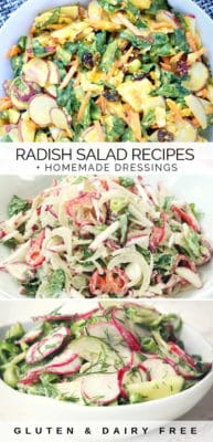 3 Healthy radish salad recipes that are gluten free, dairy free, vegan made with fresh raw radishes and creamy homemade dressings. This spring salad recipe can be served as a side dish, healthy lunch or dinner. It’s suitable for whole 30, vegan, paleo and clean eating anti-inflammatory diets.