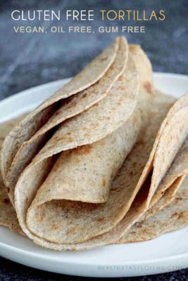 Healthy gluten free tortillas recipe (vegan) + VIDEO, made with healthy ingredients, no oil, no dairy, no eggs, no nuts, no baking powder – perfect for clean eating. Makes 5 healthy gluten free vegan tortillas. These homemade gluten free tortillas are nutrient packed— great for wraps, tacos, burritos or enchiladas.