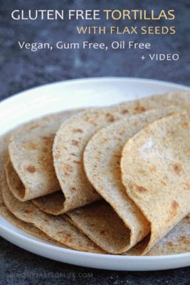Healthy tortillas recipe (gluten free, vegan) made with cassava flour, flax seeds, chia seeds and a mix of gluten free flours. Makes 5 healthy gluten free tortillas. These homemade gluten free tortillas are nutrient packed— great for wraps, tacos, burritos or enchiladas.