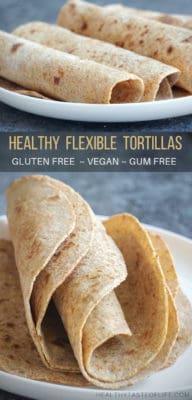 Learn how to make healthy vegan gluten free tortillas recipe made with gluten free sourdough starter and seeds. These soft gluten free tortillas are easy to make and pliable enough for breakfast burritos and wraps. Healthy gluten free sourdough tortillas - perfect for your clean eating diet. #glutenfreesourdough #glutenfreetortillas #vegantortillas