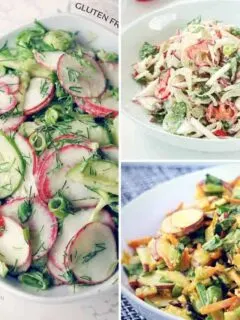 3 Healthy radish salad recipes that are gluten free, dairy free, vegan made with fresh raw radishes and creamy homemade dressings. These spring salad recipes can be served as a side dish, healthy lunch or dinner. It’s suitable for whole 30, vegan, paleo and clean eating anti-inflammatory diets.