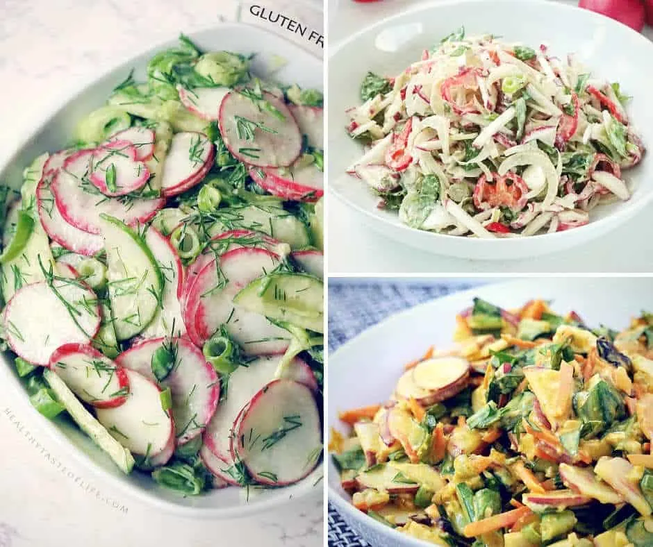 3 Healthy radish salad recipes that are gluten free, dairy free, vegan made with fresh raw radishes and creamy homemade dressings. These spring salad recipes can be served as a side dish, healthy lunch or dinner. It’s suitable for whole 30, vegan, paleo and clean eating anti-inflammatory diets.
