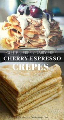 Healthy gluten free crepes with a sweet dairy free cream filling. The recipe is made with gluten free flours, dairy free milk and eggs that can easily be mixed in a blender. These sweet gluten free dairy free crepes can be served as dessert, for breakfast or brunch.